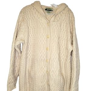Aran Crafts XL Merino Wool hooded cardigan sweater Ireland ivory cream